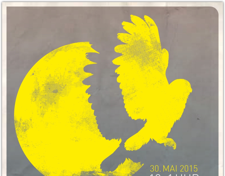 Grafisches Motiv Museumsnacht: fliegende Eule vor Vollmond
